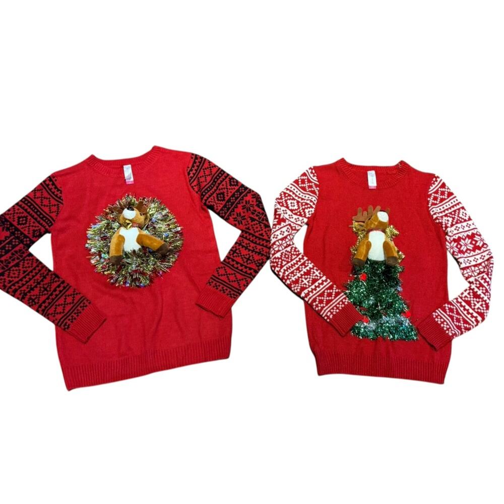 Nobo Set/2 Ugly Christmas Sweaters with Reindeer/Tree Small and Wreath Medium